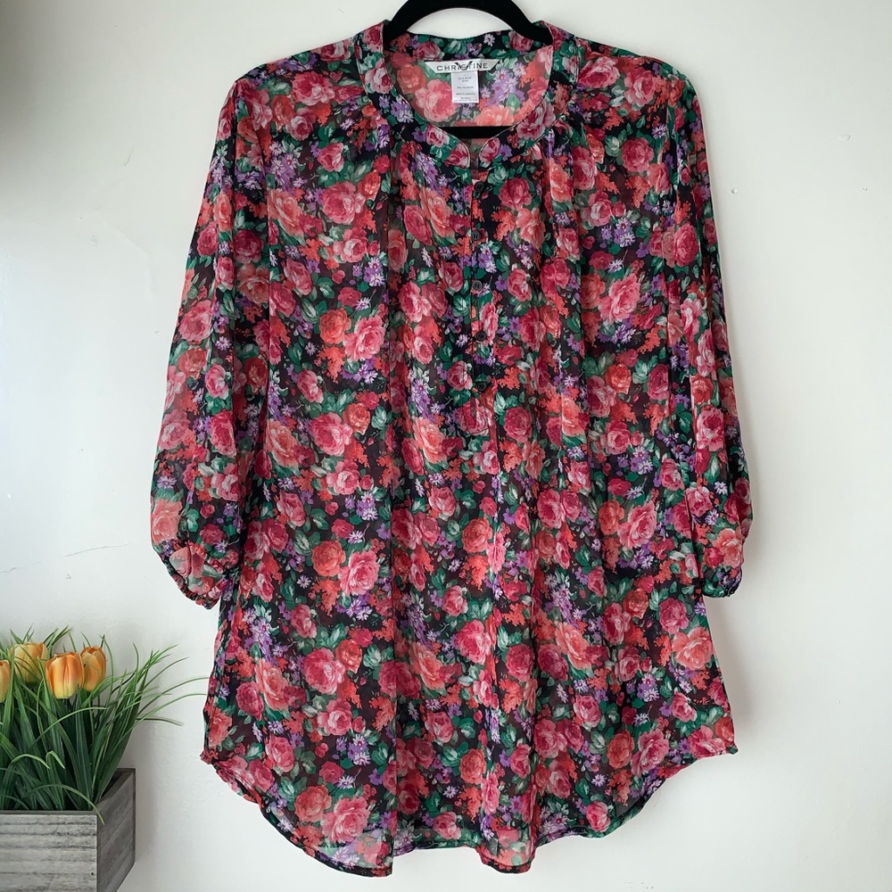 Christine V sheer floral blouse 3/4 sleeve